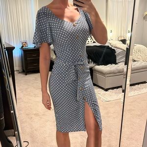 Blue polka dot dress with tie